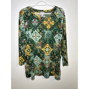 LOGO Layers patterned sheer mesh‎ long sleeve shirt womens XL lagenlook artsy